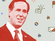 Editorial illustration of a smiling man in a suit with an American flag pin, rendered in red tones against a light background with colorful campaign-themed icons.