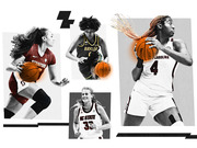 Editorial collage of four women's college basketball players in Stanford, Baylor, NC State, and South Carolina uniforms, styled in black-and-white with orange accents.