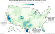 Choropleth map of the US showing average potential patient demand at COVID-19 testing sites by census block group, highlighting high demand in California and South Texas.