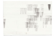 Hand-drawn infographic using inverted triangle or funnel icons of varying sizes and densities arranged across a white page to represent data quantities.