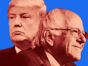 Stylized duotone editorial illustration of two politicians, likely Donald Trump and Bernie Sanders, against a blue background.