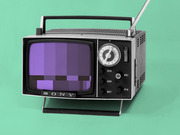 Editorial illustration of a vintage Sony portable television with a purple pixelated screen on a teal background.