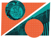 Editorial collage illustration in orange and teal showing a climate protest sign reading Wake Up To The Climate Crisis alongside a border fence with razor wire.