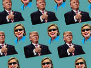 Repeating pattern of cutout photos of Donald Trump giving a thumbs up and Hillary Clinton wearing sunglasses on a teal background.