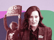 Editorial illustration showing a woman wearing a Bans Off Our Bodies pin alongside a protester holding a Yes on Prop 3 Restore Roe in Michigan sign.