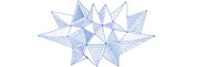 Blue ink hand-drawn illustration of overlapping star-like geometric shapes with triangular facets filled with various decorative patterns.