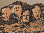 Stylized illustration depicting four U.S. presidents carved into a mountain in the style of Mount Rushmore, rendered in orange and brown tones.