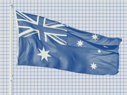 Australian flag waving on a pole against a blue grid background, rendered in a blue monochrome editorial style.