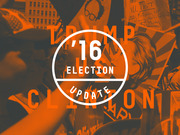 Editorial title card graphic for FiveThirtyEight's Trump vs Clinton 2016 Election Update series, with orange-tinted protest photo background.