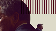 Editorial illustration combining a close-up photo of a man's head with a smaller figure in the background and decorative dark red vertical stripes on a cream background.