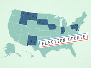 Illustrated map of the United States with several states highlighted in dark blue with stars, overlaid with an Election Update label in red, white, and blue.