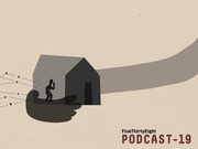 Editorial illustration showing a large hand holding a house with a small human figure inside, symbolizing housing or shelter themes, branded as FiveThirtyEight Podcast-19.
