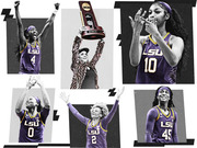 Collage illustration of LSU women's basketball players and coach celebrating their NCAA National Championship, featuring players in purple jerseys numbered 4, 10, 0, 2, and 45.