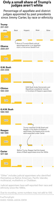 Icon grid chart showing percentage of appellate and district judges appointed by US presidents from Carter to Trump, broken down by race or ethnicity.