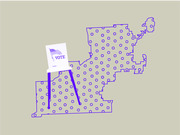 Editorial illustration of a US state outline filled with purple dots and a Vote sign on a stand, suggesting voting or election coverage.