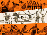 Editorial collage of famous US Olympic athletes including Brandi Chastain, Mary Lou Retton, Nastia Liukin, and Apolo Anton Ohno on an orange background.