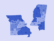 Two state maps of Missouri and Mississippi showing congressional districts shaded in varying shades of blue with star patterns, likely indicating partisan lean or voting data.
