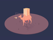 Editorial illustration of a camel carrying a tall stack of pizza boxes on its back, with a fishing rod dangling a banana slice in front of it.