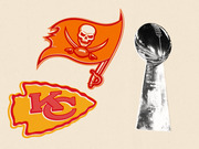 Editorial illustration showing the Tampa Bay Buccaneers and Kansas City Chiefs team logos alongside the Vince Lombardi Trophy for the Super Bowl.