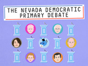 Illustrated editorial graphic for the Nevada Democratic Primary Debate showing cartoon portraits of six candidates and a Democratic donkey at debate podiums on a purple background.