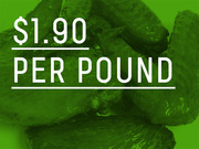 Editorial infographic showing the price of pickles at $1.90 per pound, overlaid on a green-tinted photo of pickles.