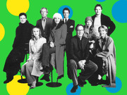 Black and white group photo of actors collaged onto a bright green background with yellow and blue polka dots, appearing to be the cast of Love Actually.