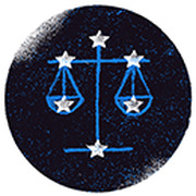 Illustration of the Libra zodiac symbol showing a balance scale with stars on a dark circular background in blue tones.