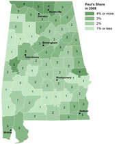 Choropleth map of Alabama counties showing Ron Paul's vote share in 2008, with counties shaded by percentage and labeled with numeric values.