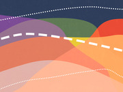 Colorful abstract editorial illustration featuring overlapping hills in purple, orange, green, and pink tones with white dashed and dotted lines suggesting roads or paths.