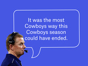 Editorial illustration of a football coach with a speech bubble reading 'It was the most Cowboys way this Cowboys season could have ended.'