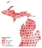 Choropleth map of Michigan counties showing McCain's vote share in the 2008 election, with counties shaded in four categories from less than 30% to 40% or more.