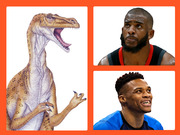 Editorial collage showing an illustrated velociraptor dinosaur alongside photos of two NBA basketball players on an orange background.