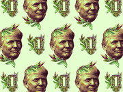 Repeating pattern of an engraved portrait face with laurel wreath and number 1 shield emblems on a light green background, styled like currency imagery.