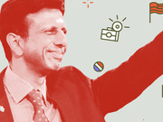 Editorial illustration of a smiling man in a suit waving, rendered in red tones against a gray background with decorative icons including a camera, flag, and badge.