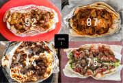 Four burritos shown in a grid with numerical scores 92, 87, 74, and 75 overlaid, labeled Round 1 in the center.