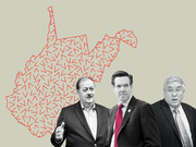 Editorial illustration showing three men in suits against a beige background with a red outline of West Virginia filled with small triangle shapes.