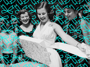 Black and white vintage photo of women opening a gift box, overlaid with a cyan illustrated pattern of bows and gift decorations on a black background.
