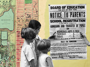 Editorial collage combining a vintage NYC map, a black-and-white photo of children reading a school registration notice, and a 1924 Board of Education poster about school admission.