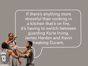Editorial illustration of Brooklyn Nets players Harden, Durant, and Irving with a speech bubble quote about the stress of guarding all three stars.