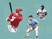 Editorial illustration showing three MLB players in uniform: an Angels batter, a Mariners fielder, and a Houston Astros player, on a teal grid background.