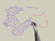 Editorial illustration showing a hand drawing a gerrymandered congressional district boundary for Texas 7th, with blue and red zigzag lines filling the shape.