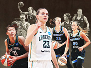 Editorial photo collage of women's basketball players in WNBA and international uniforms including New York Liberty, Chicago Sky, France, China, and Belgium.