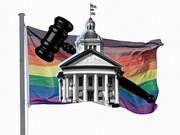 Editorial collage showing a rainbow Pride flag with a gavel and a black-and-white state capitol building overlaid, symbolizing LGBTQ legislation.