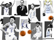 Editorial collage illustration featuring Duke and North Carolina basketball players, coaches, and mascots in black-and-white with orange basketballs as accents.