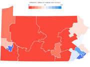 Choropleth map of Pennsylvania congressional districts showing Democratic chances of winning each district, colored from red (0%) to blue (100%).
