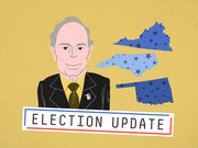 Editorial illustration showing a caricature of Michael Bloomberg alongside star-patterned state maps of Virginia, North Carolina, and Oklahoma with an Election Update banner.