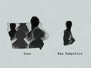 Editorial illustration showing silhouettes of people overlaid on the state outlines of Iowa and New Hampshire, with Iowa depicted larger than New Hampshire.
