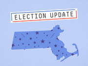 Editorial illustration showing the state of Massachusetts in blue with stars, accompanied by an Election Update label with red and blue borders.