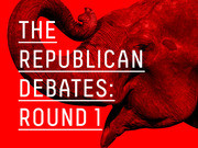 Red-tinted editorial illustration of an elephant with bold white text reading The Republican Debates: Round 1 on a red background.