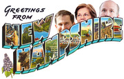 Satirical postcard-style illustration reading Greetings From New Hampshire with political candidates' faces peeking above the large retro lettering.
